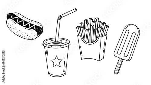 Collection of simple black and white outline drawings of fast food items like a hot dog, soda, fries, and popsicle.