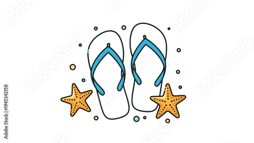 Fun summer illustration of a pair of blue and white flip-flops surrounded by two orange starfishes and bubbles.