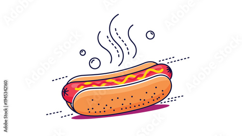 Colorful flat vector illustration of a steaming hot dog in a bun with mustard and decorative motion line elements.