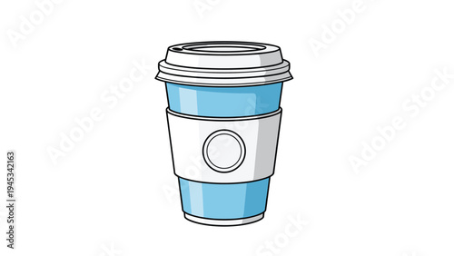 Simple vector illustration of a light blue disposable coffee cup with a white lid and a protective cardboard sleeve.