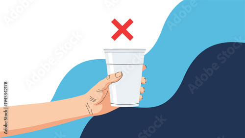 Hand holding a white disposable cup with a red cross mark above it against a blue and dark blue wavy background.