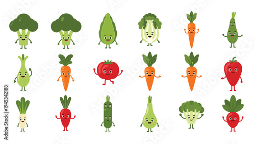 Assorted collection of cute kawaii vegetable characters with happy smiling faces and tiny hands and legs set.