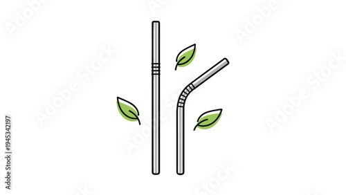 Modern line art illustration of reusable metal straws and green leaves promoting an eco-friendly lifestyle choice.