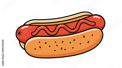 Single delicious hot dog with a mustard squiggle in a soft bun isolated on a white background for food and snack themes.