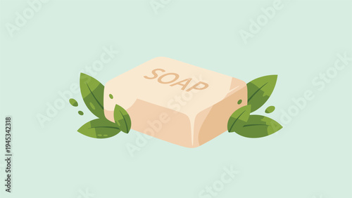 Natural bar of soap with green leaves on a light green background promoting eco-friendly hygiene and skincare products.