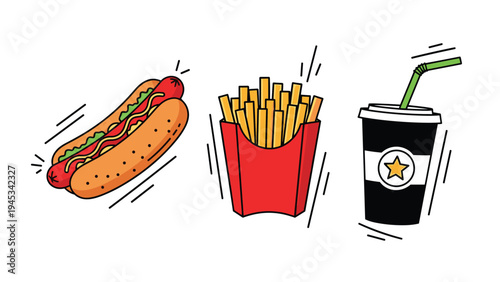 Set of fast food illustrations including a hot dog with toppings, French fries in a red box, and a black soda cup with straw.