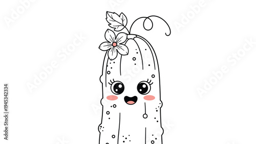 Sweet cucumber character with a flower and happy expression in black line art style isolated on a white background for kids.