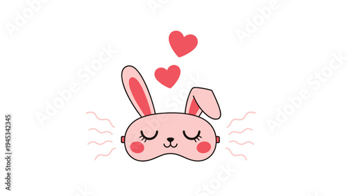 Cute pink rabbit sleeping mask with closed eyes and floating hearts isolated on a white background for sleep and relaxation.