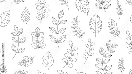 Detailed seamless pattern of various leaves in black dashed line art style on a clean white background for nature designs.