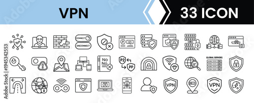 Outline VPN Icon Set in Line Art Style for Virtual Private Network, Online Security, Anonymous Browsing, and Digital Interface Design