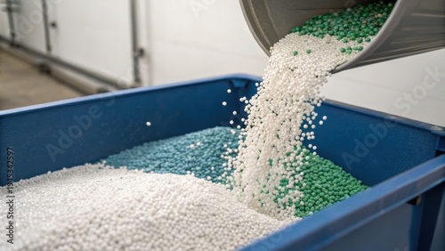 Foto Granular fertilizer pellets in white, blue, and green are being poured into a large blue container, likely in an industrial or agricultural setting