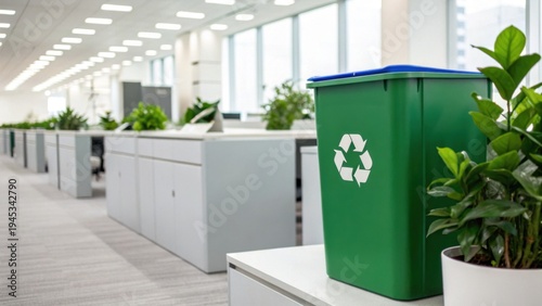 Fotografía A green recycling bin with a white recycling symbol sits in a modern office space decorated with plants near workstations