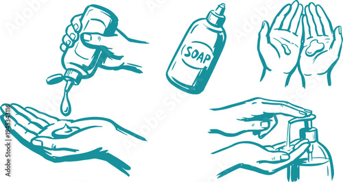 Hand Drawn Hand Washing Set Vector Illustration, Hygiene Soap Washing Sketch Collection.