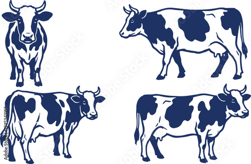 Hand Drawn Cow Set Vector Illustration, Farm Cow Sketch Collection.