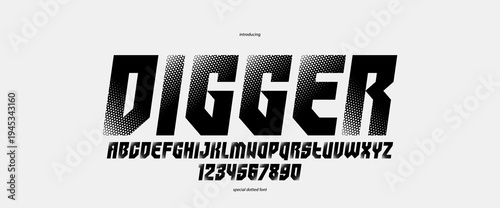Halftone dotted geometric brutal and bold typeface for logos and posters, vector urban industrial font, modern display typography in cyberpunk futuristic style, italic version.