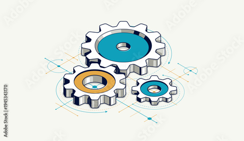 Mechanical engineering concept, gears and cogs with project drawing draft isometric 3D vector illustration, cogwheels system technology and technics machinery engine.