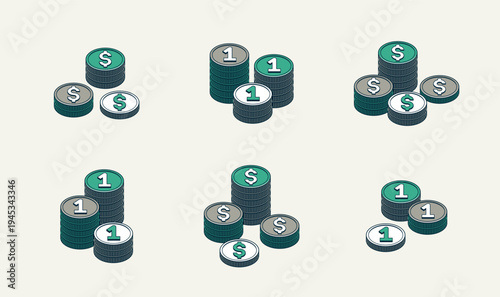 Coins vector set, cash stack icons or illustrations 3d isometric style, success or casino game theme, treasures.