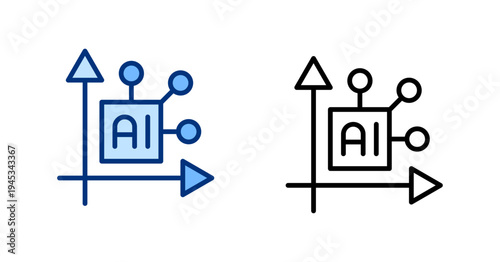 AI prediction graph thin line, solid icon set  Machine learning, Artificial Intelligence icons. Neural network, digital technology. Black, blue outline vector icon collection.