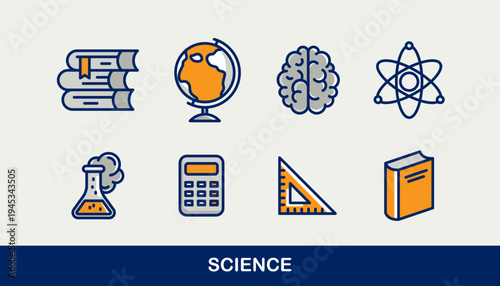 Science vector icons set, physics and chemistry, mathematics and geography, research and experiments.