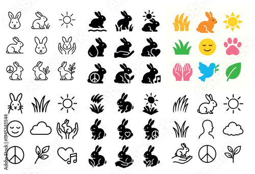Nature icons with rabbit leaf and sun flat colorful