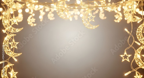Decorative string lights with stars and crescent moons on a gradient background