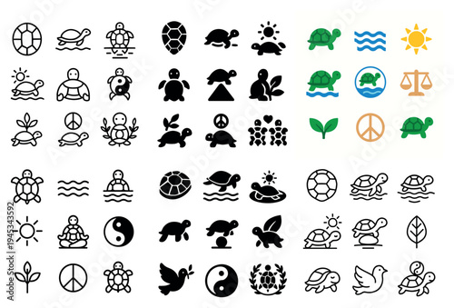 Nature icons with turtle shell sun flat