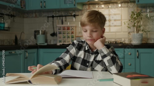 Sleepy Boy Struggling with Homework at Home