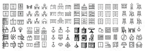 Home icons with cabinet and chair outline