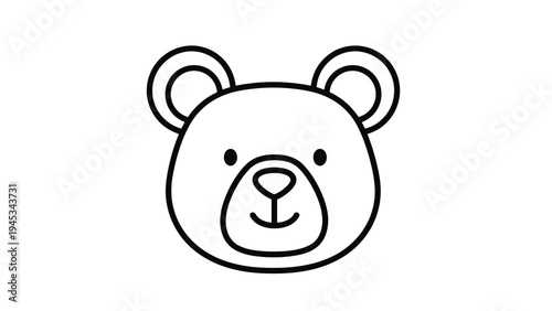 Simple black and white line drawing of a cute teddy bear head with large ears and a friendly expression isolated on a white background.
