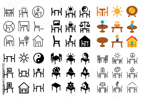 Home icons with chair table sun outline