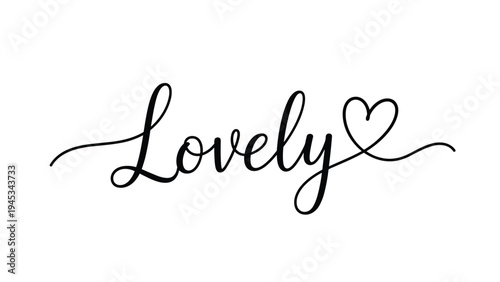 Elegant script lettering of the word lovely integrated with a simple heart shape for romantic greeting cards or wedding design elements.