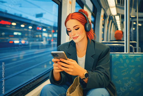 A smiling young businesswoman sits on a busy city street using her smartphone and laptop for urban communication and a modern lifestyle
