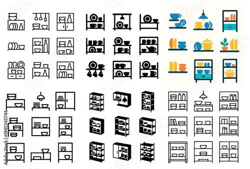 Kitchen shelf icons with plate cup pot minimal