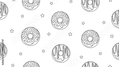 Black and white line art pattern featuring delicious glazed donuts with sprinkles and small stars repeated across a white background.