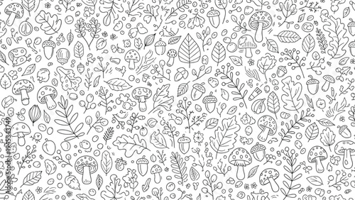 Detailed black and white seamless pattern is filled with various mushrooms, leaves, acorns, and berries for nature lovers.