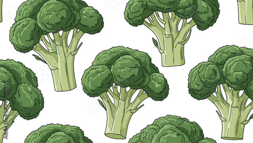 Fresh green broccoli heads form a healthy seamless pattern on a white background for nutrition and cooking themes.