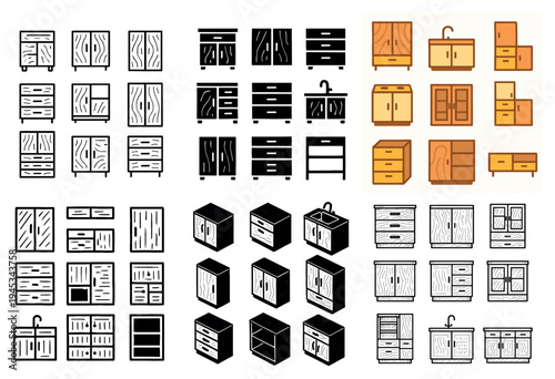 Kitchen icons with cabinet drawer sink flat colored