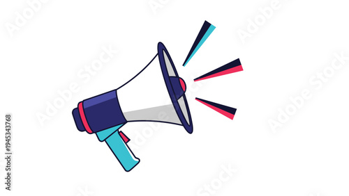 Vibrant cartoon illustration of a megaphone with sound wave lines in blue red and white symbolizing communication and marketing news.