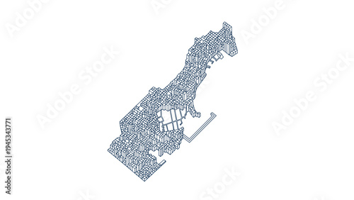 Isometric wireframe rendering of a complex urban city map featuring various building heights and street layouts in a blue outline style.