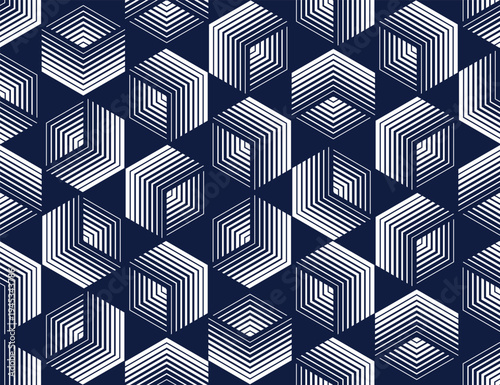 Cubes seamless pattern, abstract 3D optic background, trippy isometric linear polygon endless wallpaper, surreal effect black and white tiling pattern.