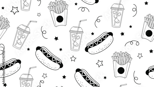 Black and white line art pattern of fast food favorites like hot dogs french fries and soda cups with stars and swirls on white.