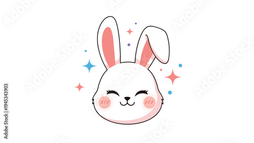 Adorable white bunny head with pink ears and cheeks surrounded by colorful stars and sparkles isolated on a white background.