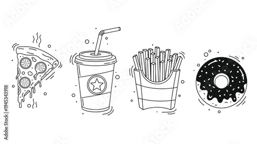 Line art sketches of a pizza slice soda cup french fries and a donut with decorative dots and lines on a white background.
