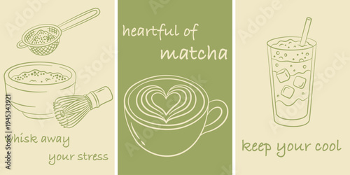 Matcha lover posters in modern hand drawn sketch style. Set of matcha accessories and drinks. Background for posters, wall art, flyer, banner, advertising