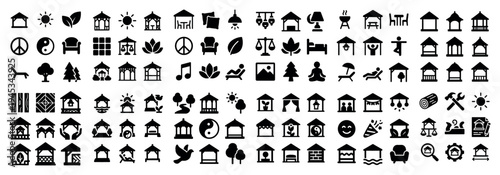 Home icons with house tree sun flat