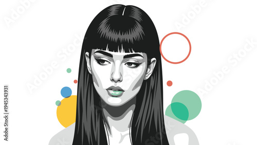 High contrast black and white portrait of a fashionable woman with long dark hair and bangs decorated with colorful abstract dots.