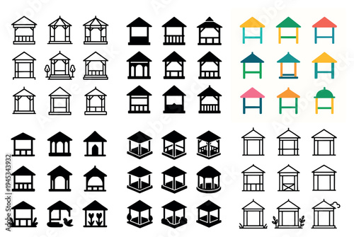 Garden pavilion icons with gazebo pergola outline