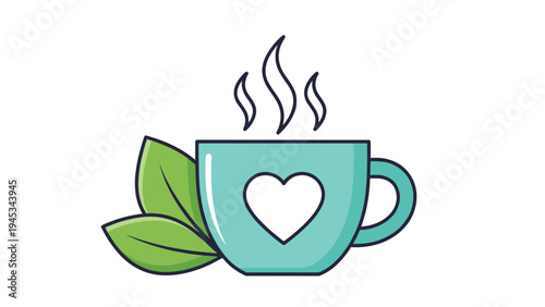 Teal ceramic mug with a white heart emblem and green tea leaves emits steam on a clean white background for wellness.