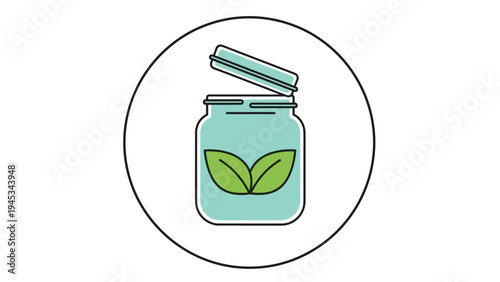 Clear glass jar with a partially open lid containing two green leaves represents natural storage and preservation methods.