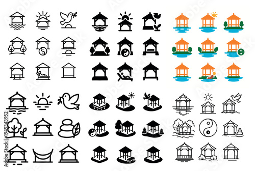Outdoor icons with gazebo and pavilion outline